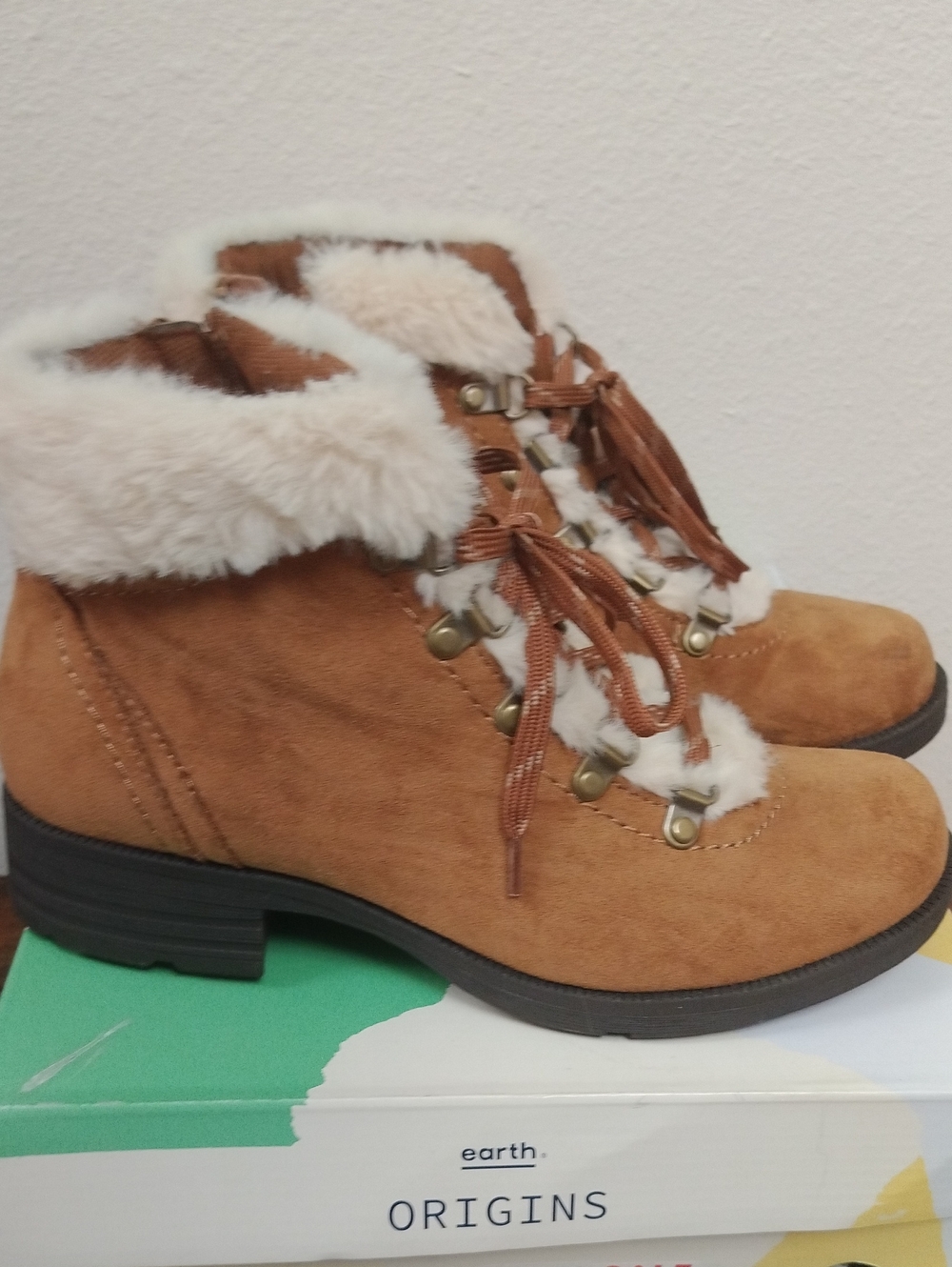 Earth Origins Tan Suede-Look Faux-Shearling Lace-Up Ankle Boots